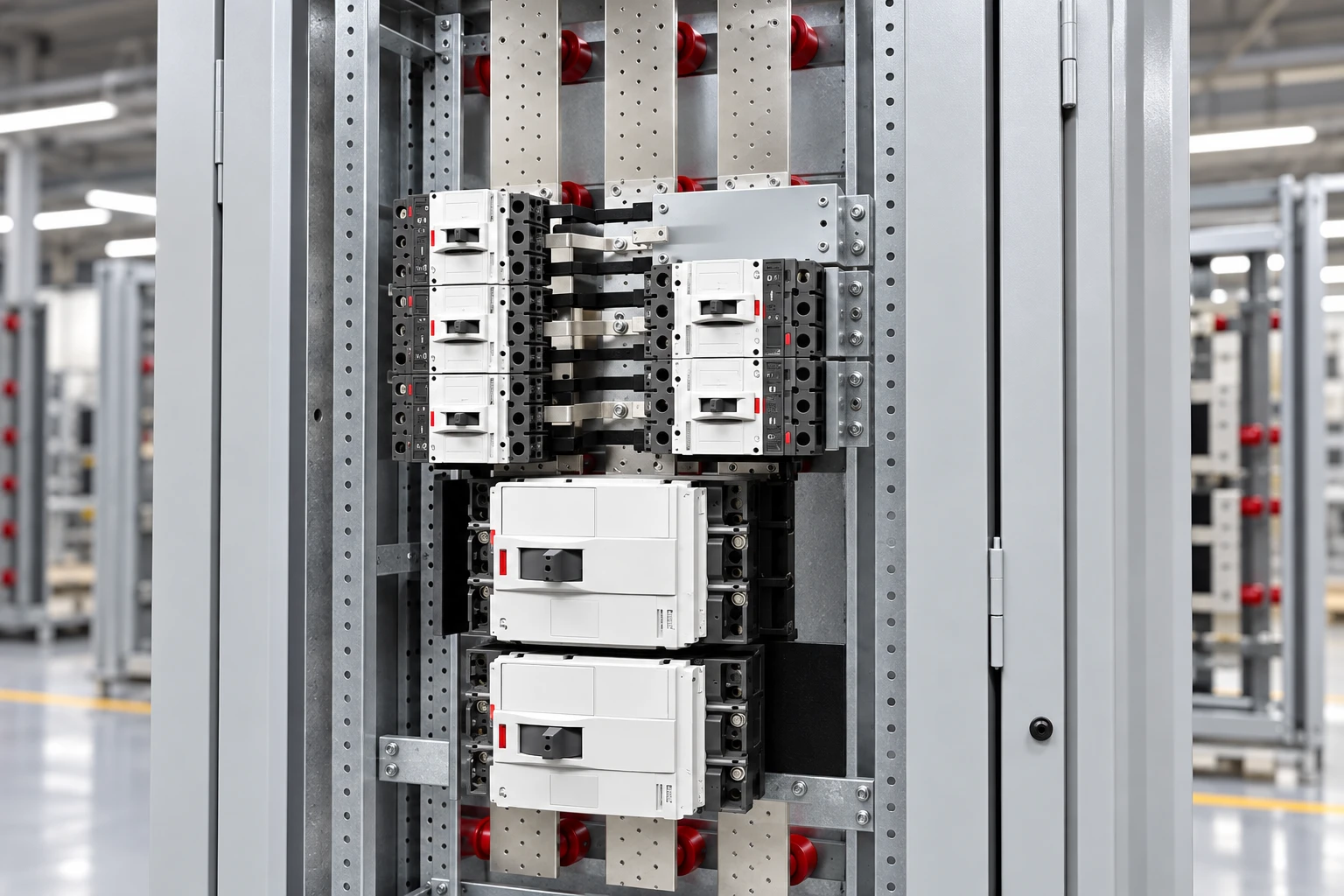 Detailed UL891 distribution interior with paired molded-case breakers, center-mounted larger breakers and plated bus on red insulating supports