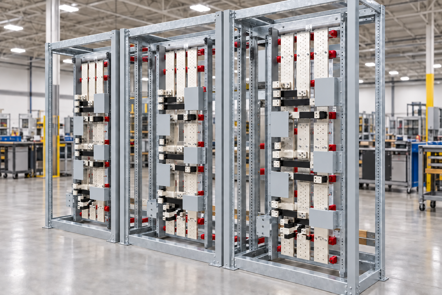 Atlas switchboard assembly frames with plated bus supported on red insulating standoffs
